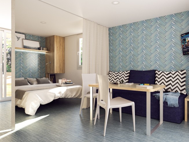 Kemping Cozy Home, łóżko podwójne 200 x 160 cm, Falkensteiner Premium Camping Zadar, Chorwacja, Wakacje z Geovitą