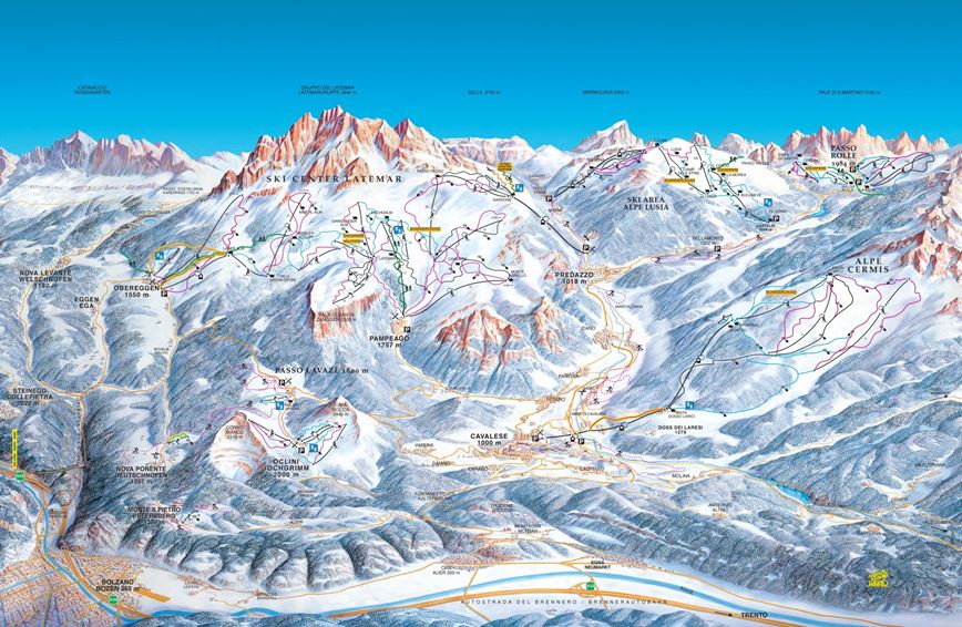 mapa narciarska Latemar, Val di Fiemme, Włochy.